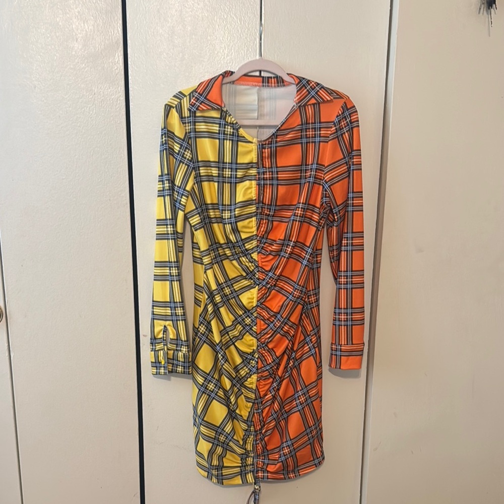 SHEIN Dual-Tone Plaid Dress in Orange and Yellow